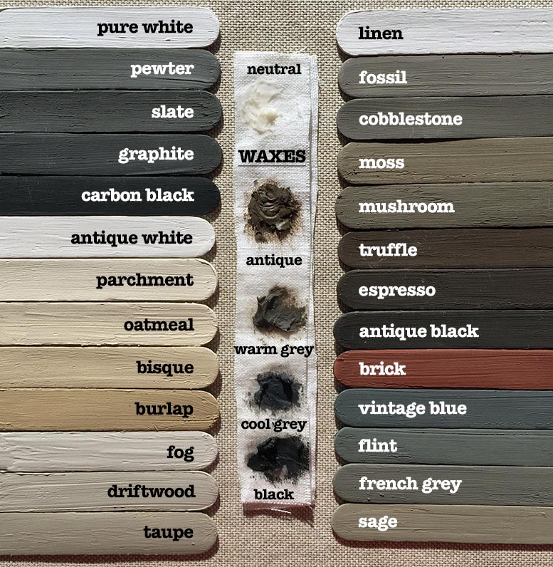 Samples of 26 paint colors and 5 wax colors