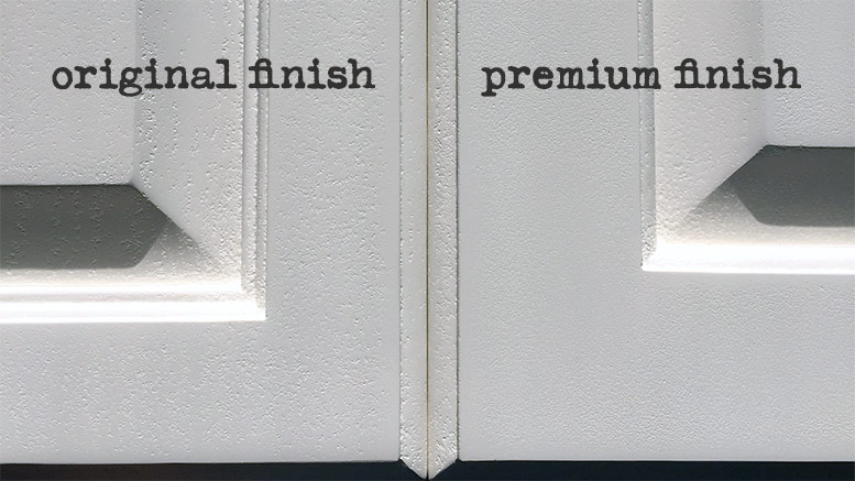parchment original finish cabinet door next to premium finish cabinet door