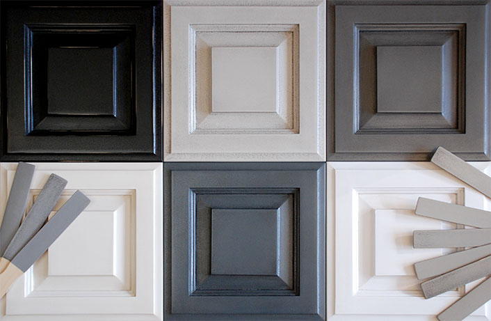 Collection of six Classic Cupboards painted cabinet doors and color sample sticks