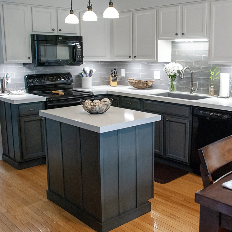 Oak kitchen in Westerville, OH painted Vintage Blue with black wax