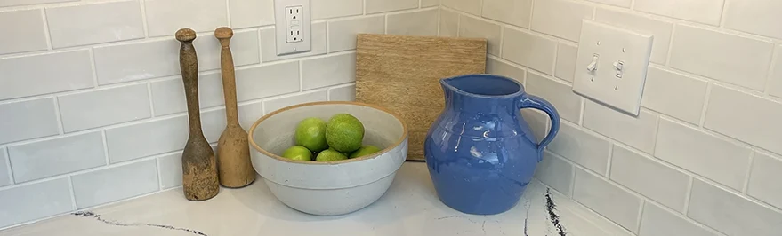 Close up photo of tile backsplash in kitchen