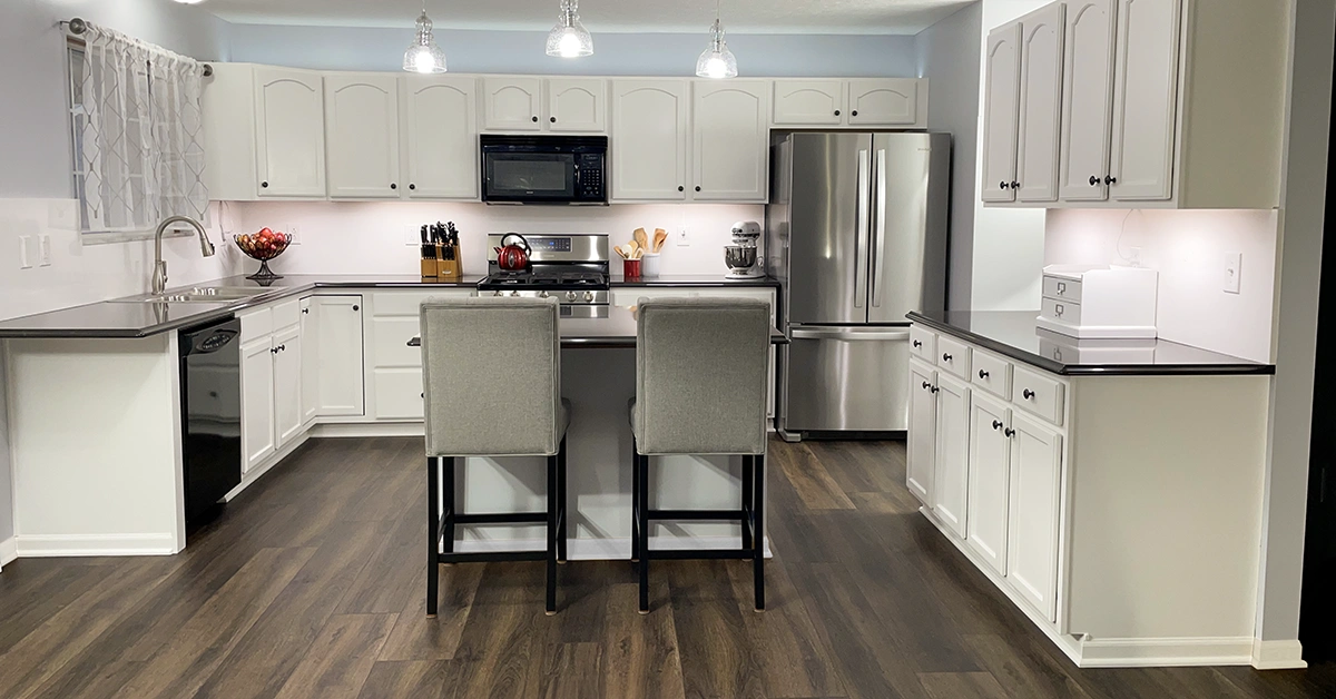 Kitchen cabinets painted with Classic Cupboards Pure White paint in Westerville, Ohio