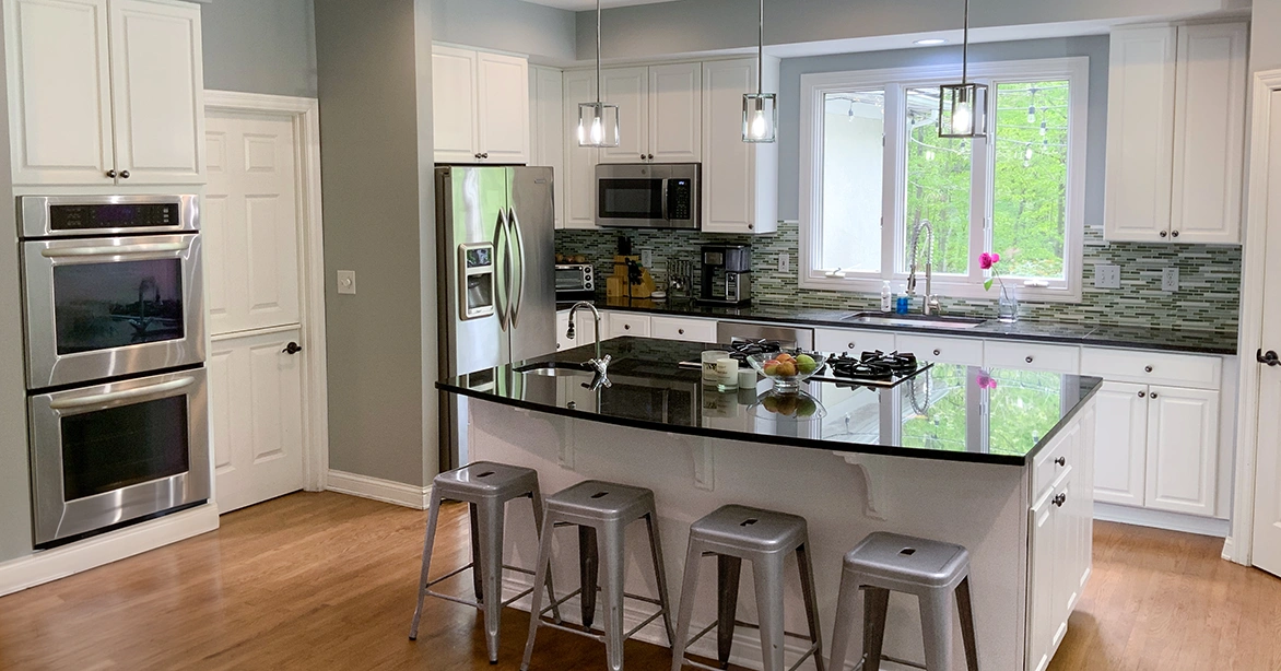 Kitchen cabinets painted with Classic Cupboards Pure White paint in Westerville, Ohio